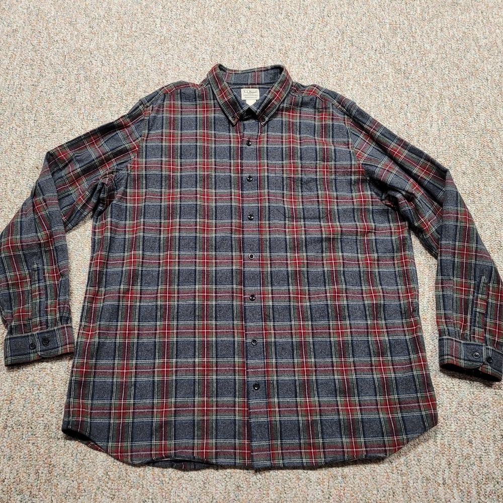 LL Bean Shirt Men 2XL Tall Grey Red Scotch Plaid Flannel Button Down Traditional